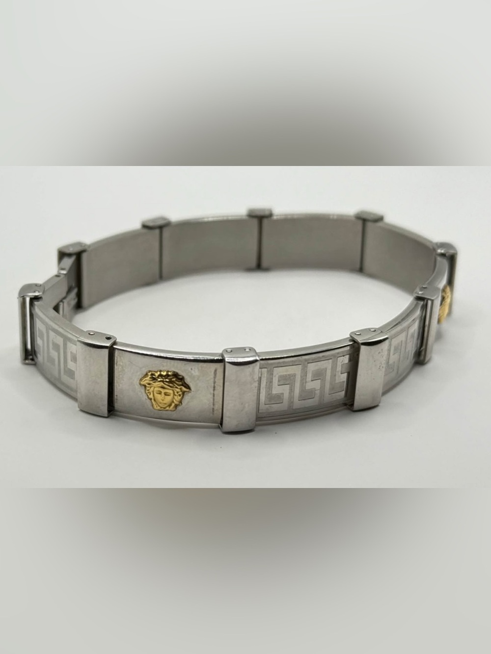 Versace Steel and 18k Gold Medusa Greek Key Bracelet 9inch | 22.86 cm